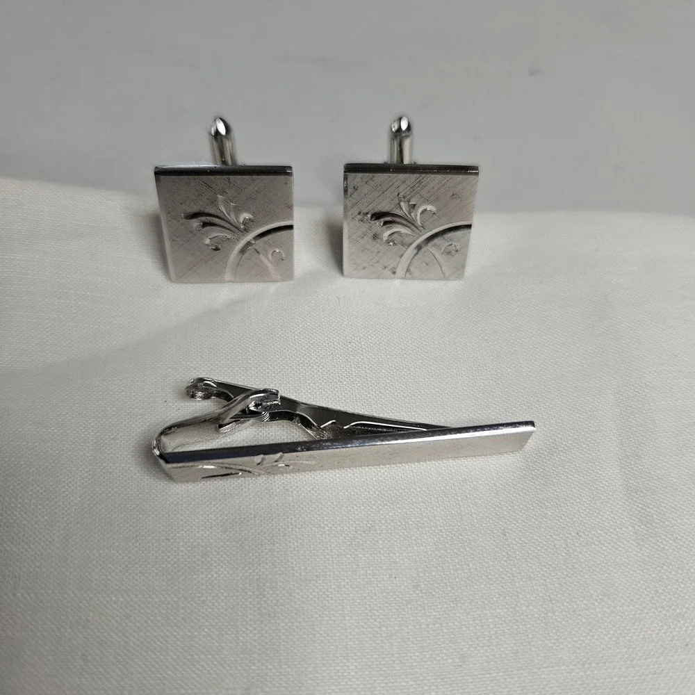 Vintage Swank Sterling Silver Cufflinks Tie Clip Set Etched Floral Mid Century